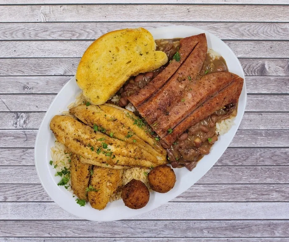 Catfish, sausage, red beans and rice platter