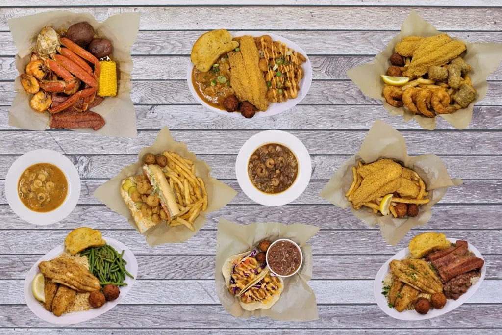 Cajun seafood boil with shrimp, corn and potatoes at The Catch