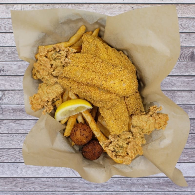 Catfish (2) & fried oysters (4).